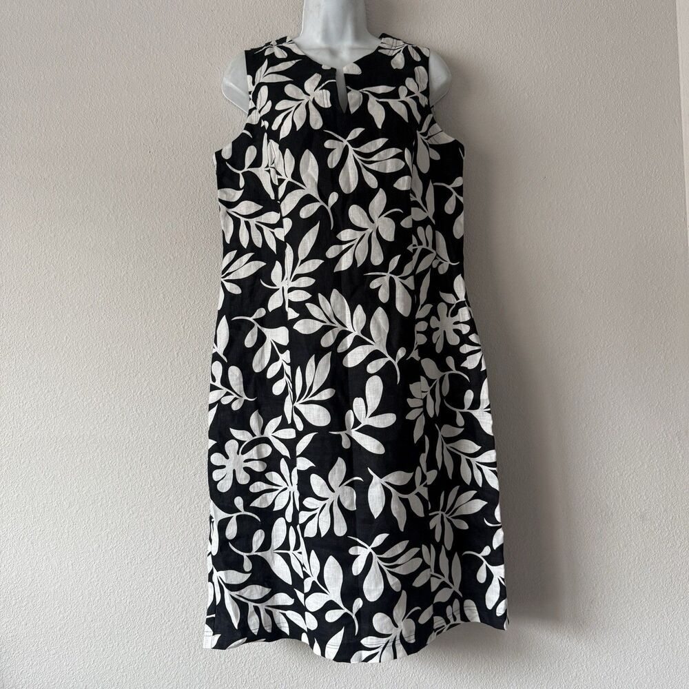 Chico's 2 Linen Dress Womens Size L Black & White Floral Shift Sleeveless Knee